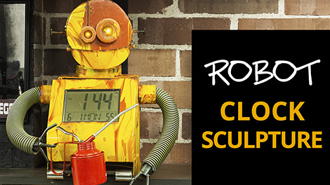Build a Robot sculpture with digital clock