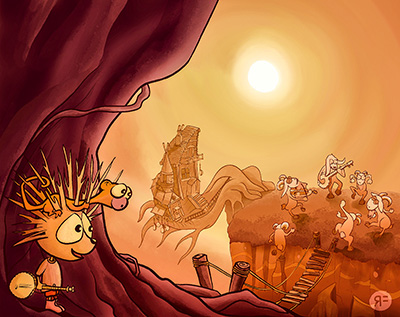 Charly the banjo playing traveller - illustration by Rowan Ferguson from www.elfshot.com/illustration