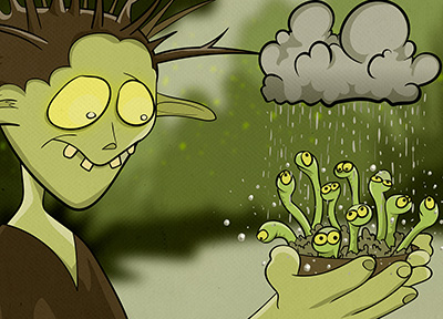 An elf studies a cup of worms - illustration by Rowan Ferguson from www.elfshot.com/illustration