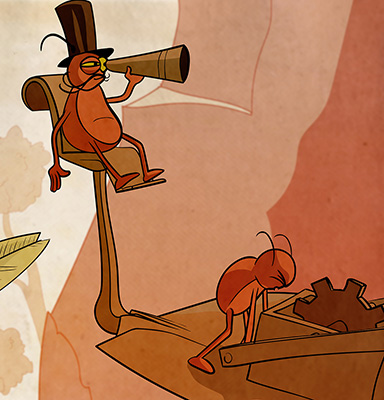 The Limpits set sail atop feathered flying machines - illustration by Rowan Ferguson from www.elfshot.com/illustration