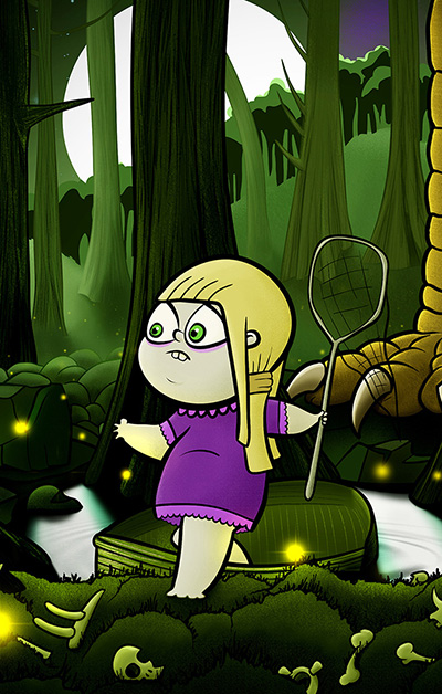 Astrid cautiously stepped out of the craft onto soft spongy turf - illustration by Rowan Ferguson from www.elfshot.com/illustration