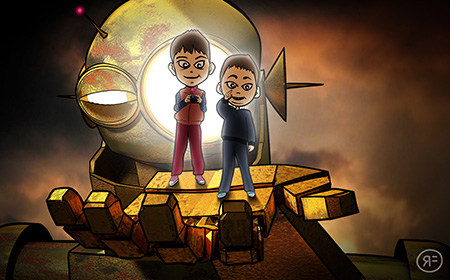 The boys ride on their robot - illustration by Rowan Ferguson from www.elfshot.com/illustration